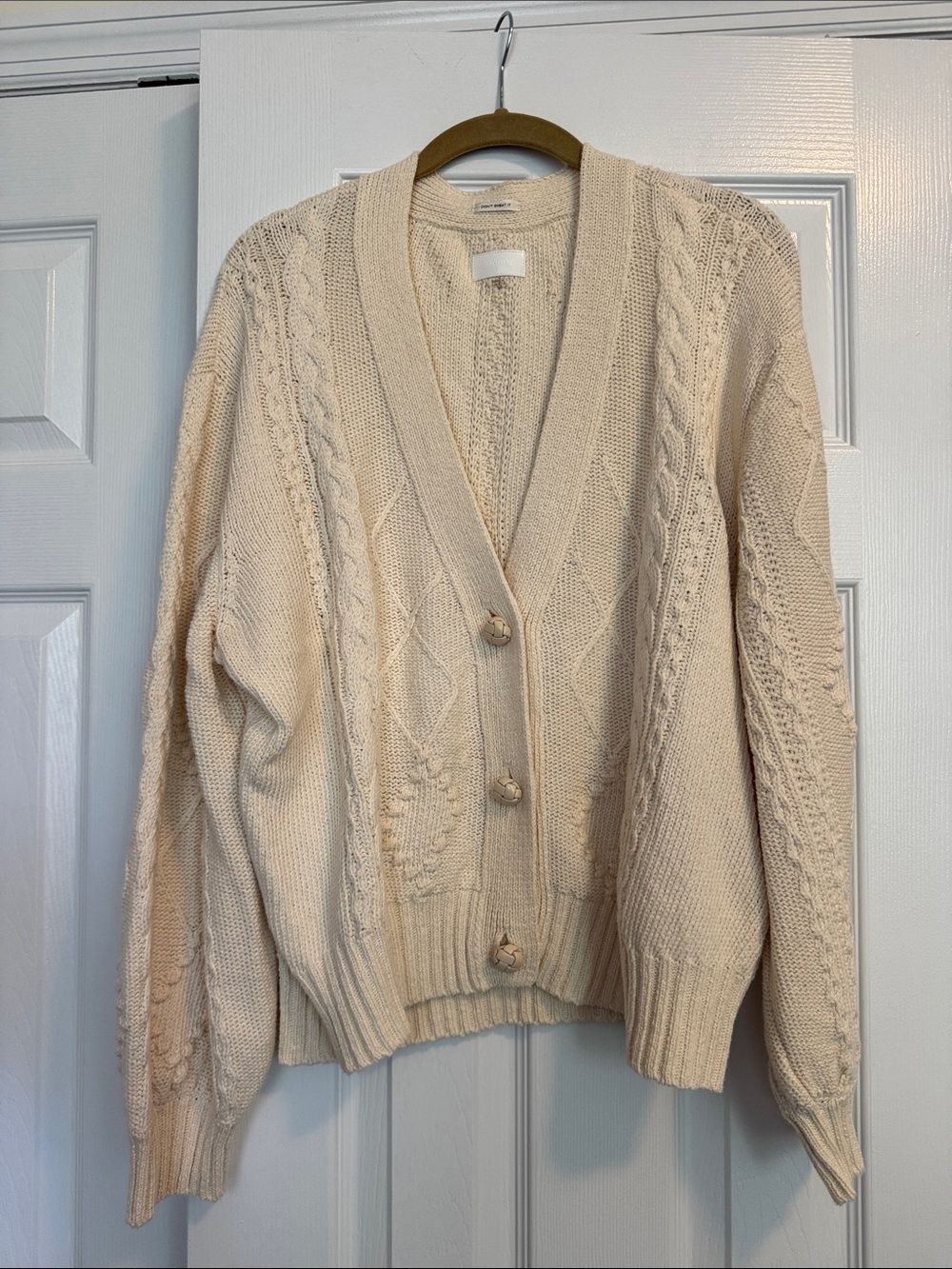 MOTHER Cozy Cable Knit Cream Button-Front Bell Sleeve Sweater Cardigan Size XL